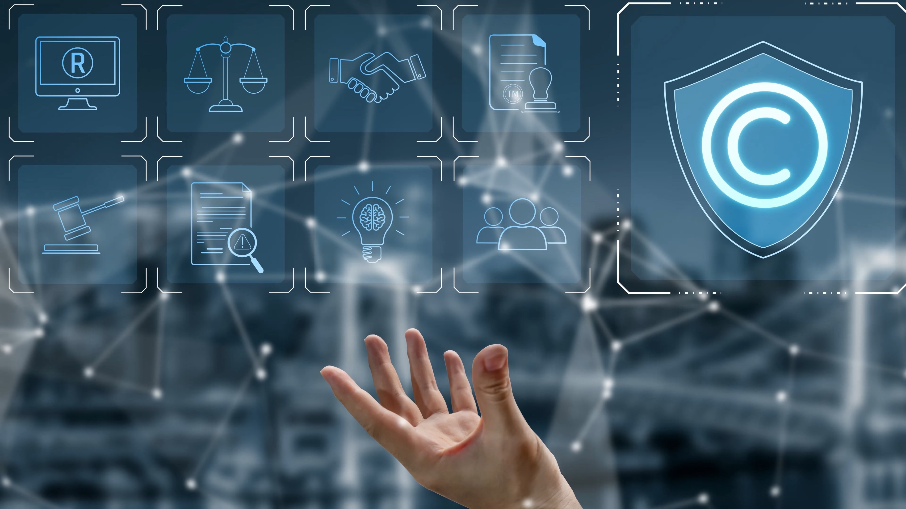 Digitales Urheberrechtsschutzsystem zeigt sicheres Eigentumsrecht, geistige Eigentumsrechte, Inhaltsverifizierung und rechtliche Warnsymbole für Schöpfer und Verlage